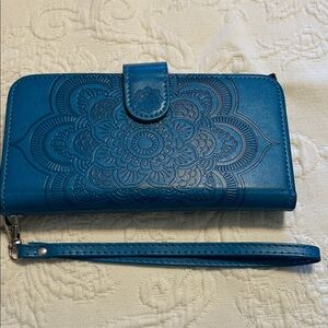 Chic Teal Embossed Phone Case with Strap